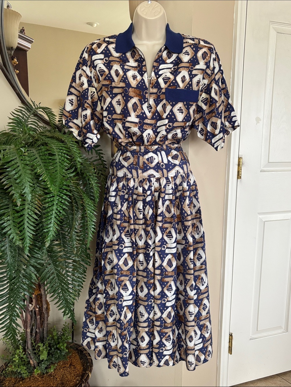 Vintage Anne Klein 100% Silk Navy White Tan Geometric Collared Top & Midi Skirt